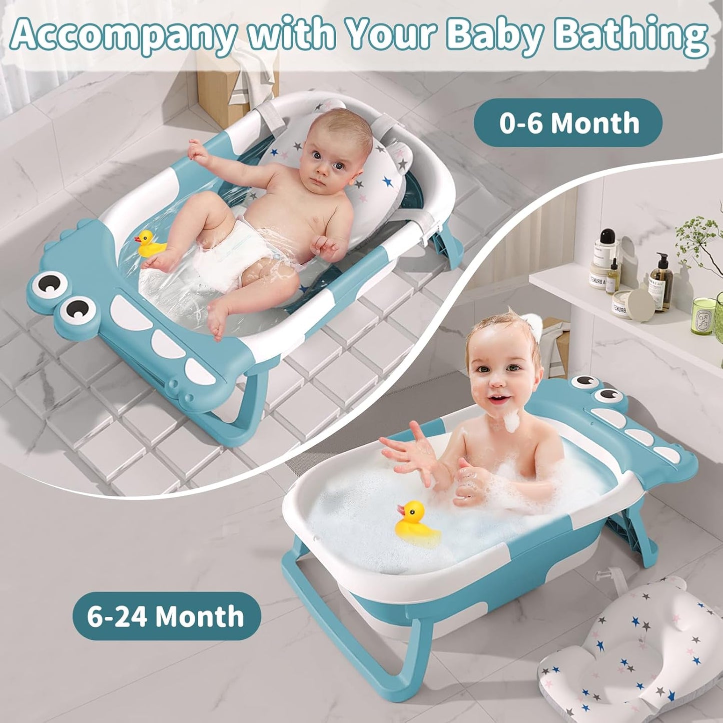 Bañera Plegable para Bebé con Monitor de Temperatura - Diseño Dinosaurio Azul Cielo