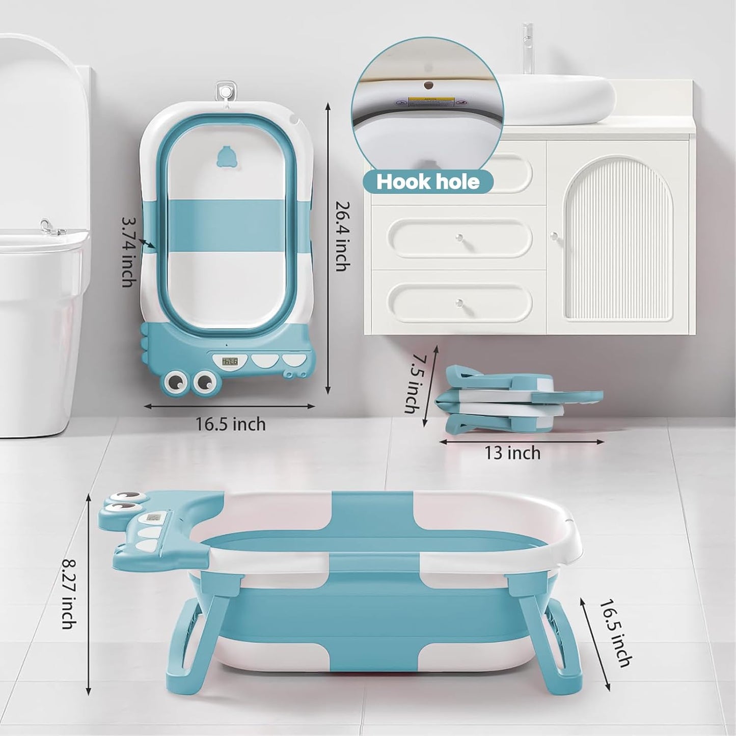 Bañera Plegable para Bebé con Monitor de Temperatura - Diseño Dinosaurio Azul Cielo