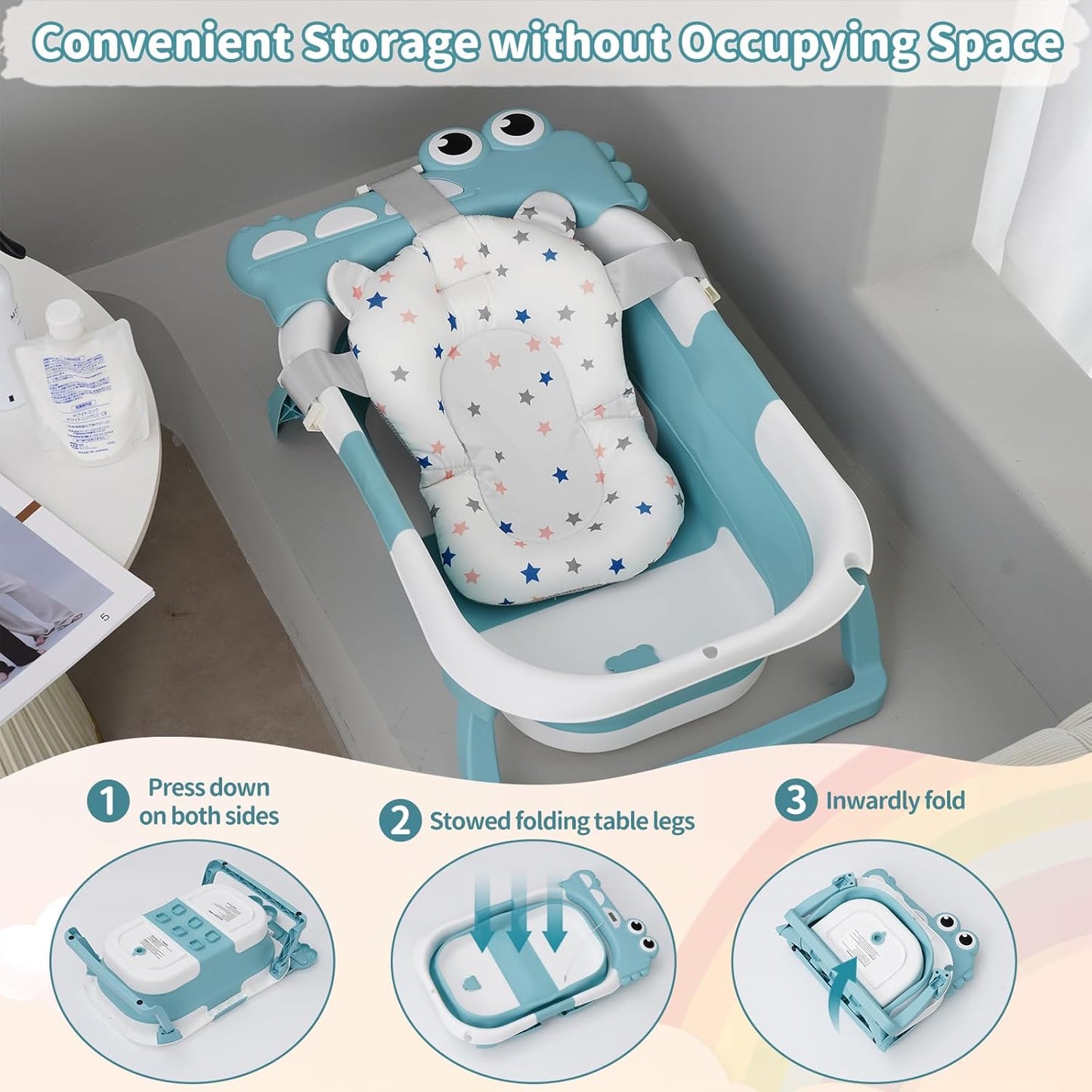 Bañera Plegable para Bebé con Monitor de Temperatura - Diseño Dinosaurio Azul Cielo