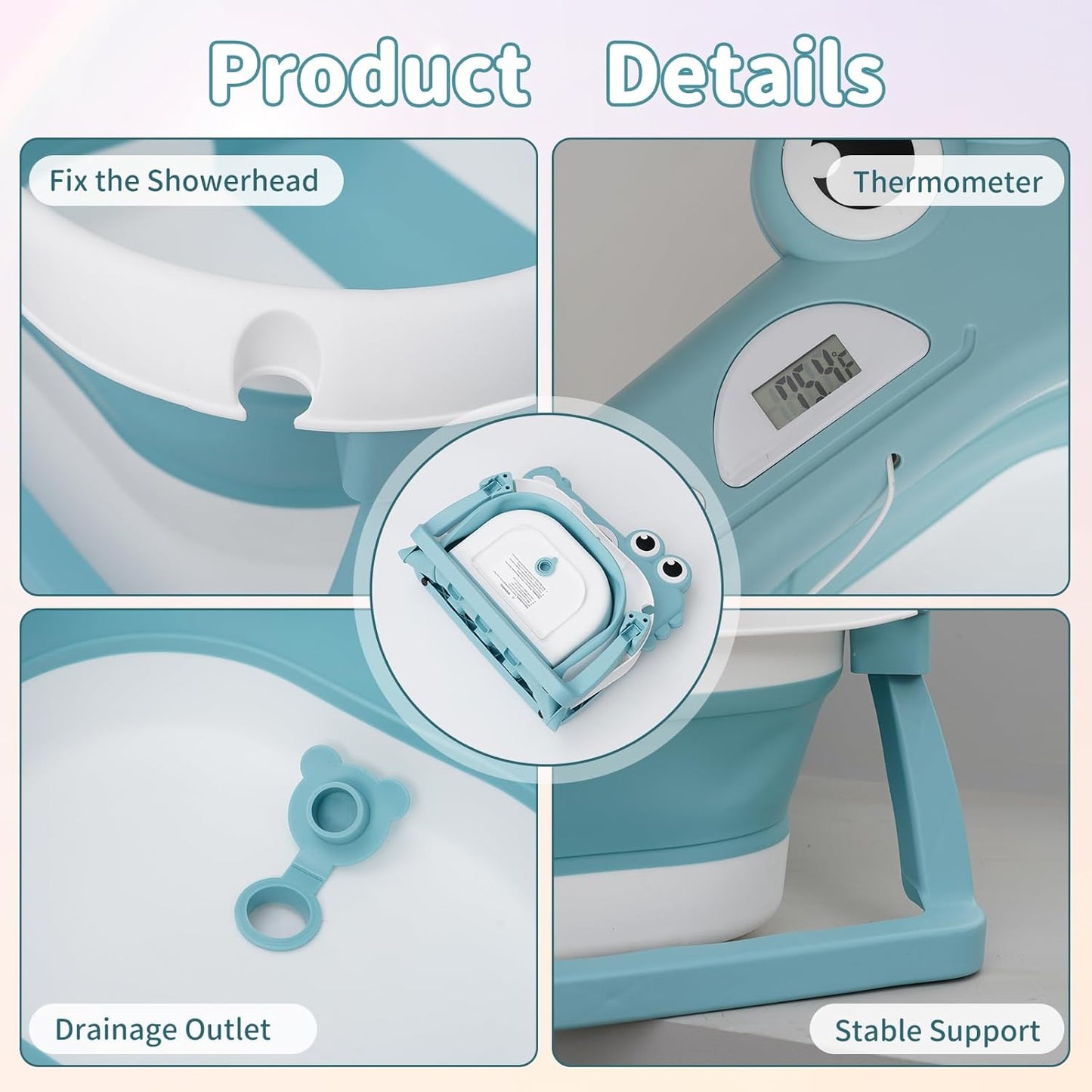 Bañera Plegable para Bebé con Monitor de Temperatura - Diseño Dinosaurio Azul Cielo