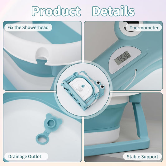 Bañera Plegable para Bebé con Monitor de Temperatura - Diseño Dinosaurio Azul Cielo
